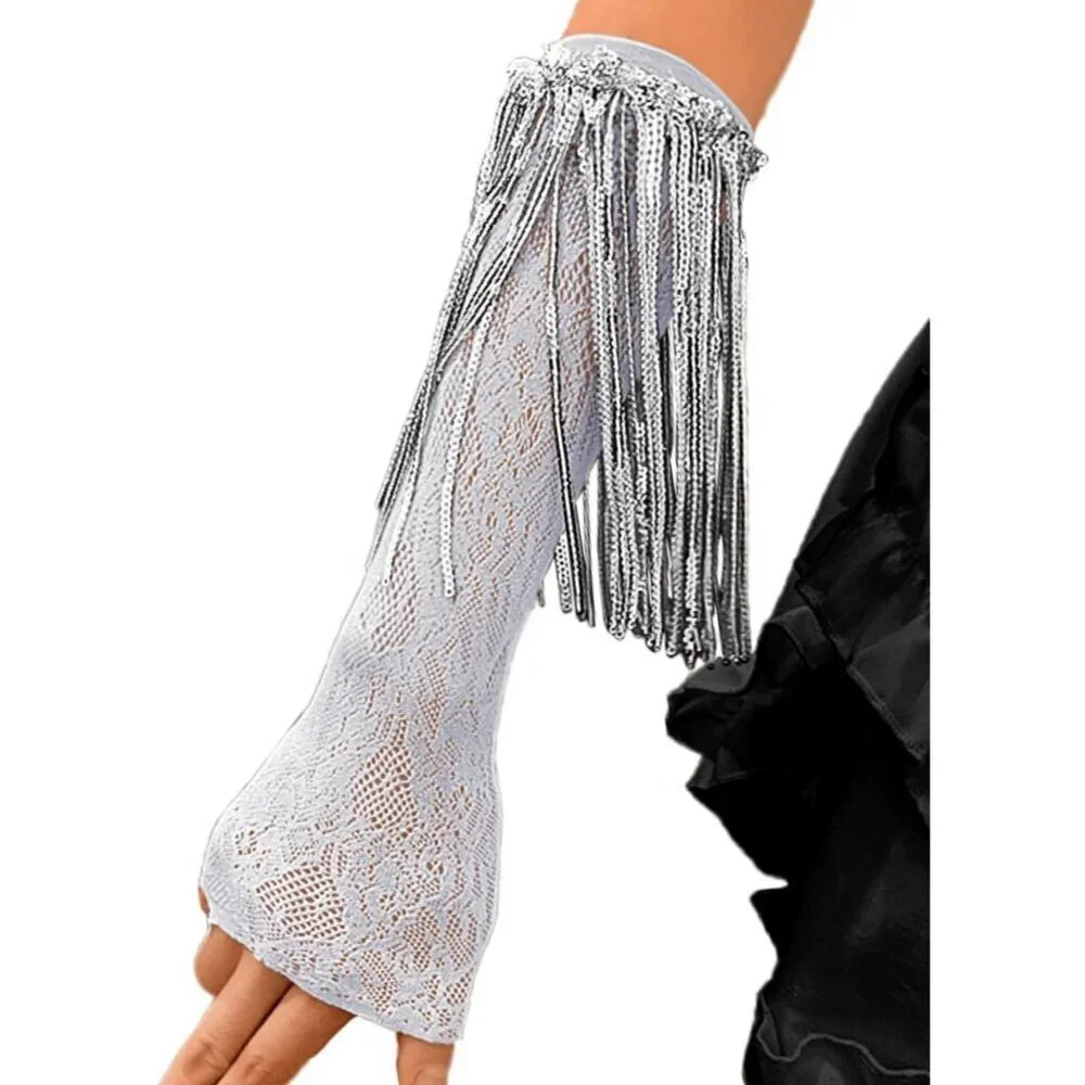 Women's Sparkly Sequin Gray Fingerless Fringe Lace Arm Sleeves Party Gloves